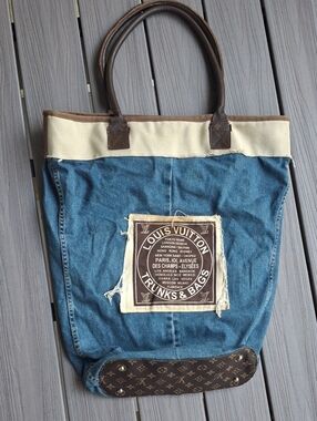 Upcycle Louis Vuitton Denim Tote with Cream Trim and Brown Leather Accents